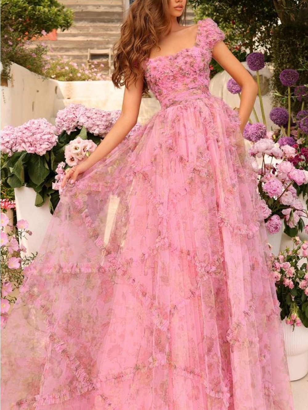 Romantic Pink Floral Layered Tulle Gown